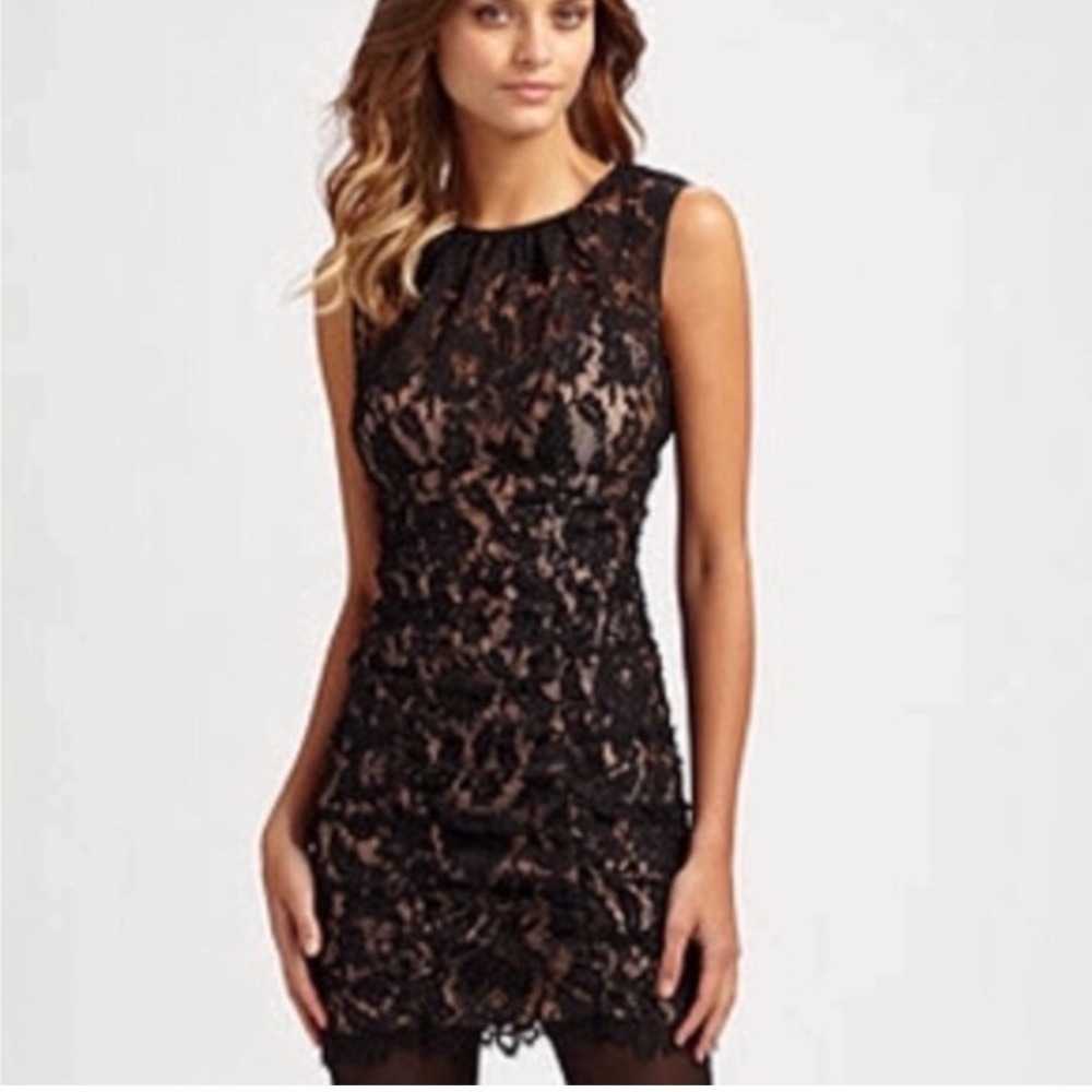 Nanette Lepore Black Lace Ruched Sheath Dress Size 0